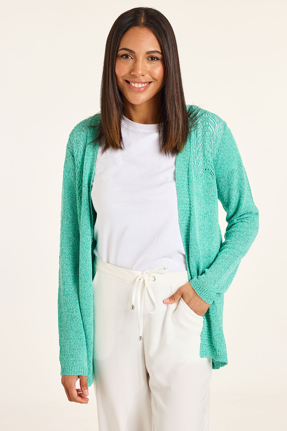 Bonmarche Green Pointelle Crimp Yarn Lightweight Cardigan, Size: