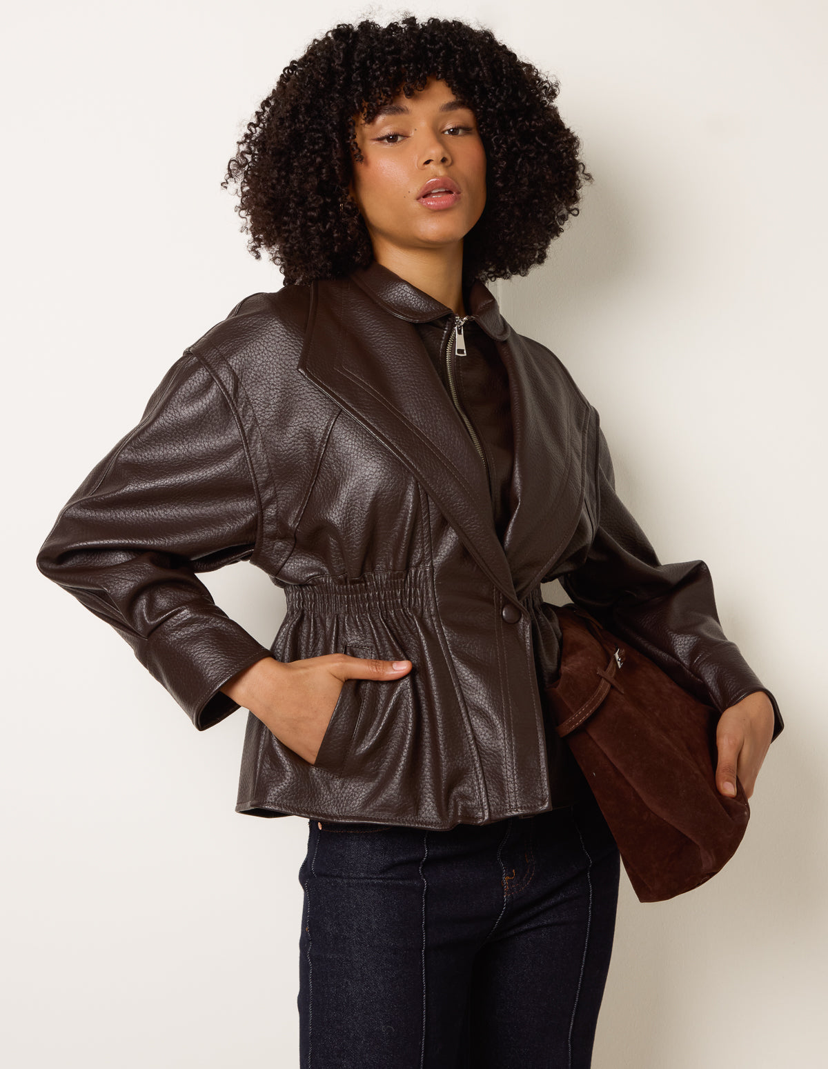 Collared Shirred Waist Faux Leather Jacket – M CHOCOLATE Collared Shirred Waist Faux Leather Jacket – M CHOCOLATE