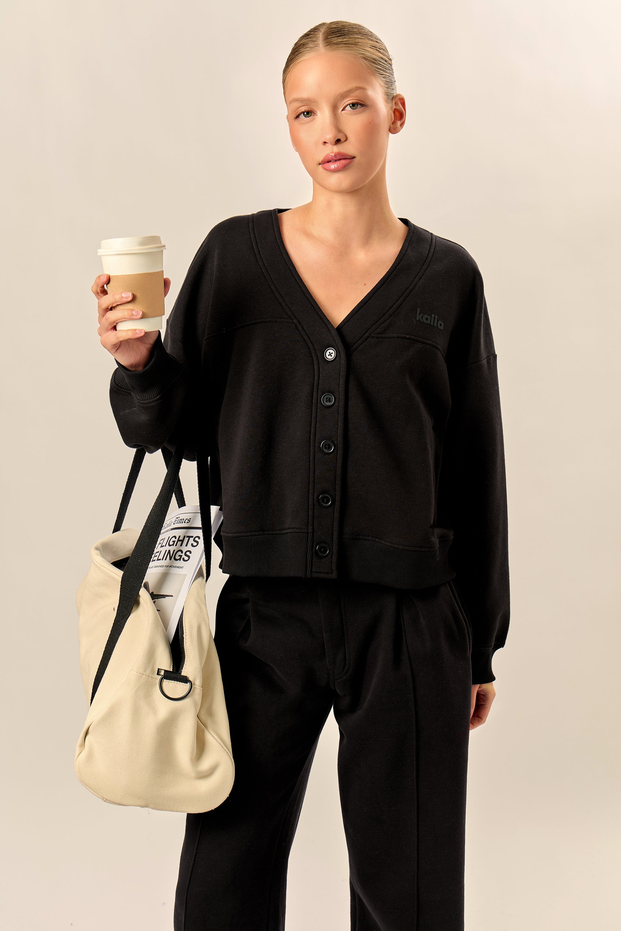 Kaiia Logo Button Down Oversized Sweat Cardigan Black Kaiia Logo Button Down Oversized Sweat Cardigan Black