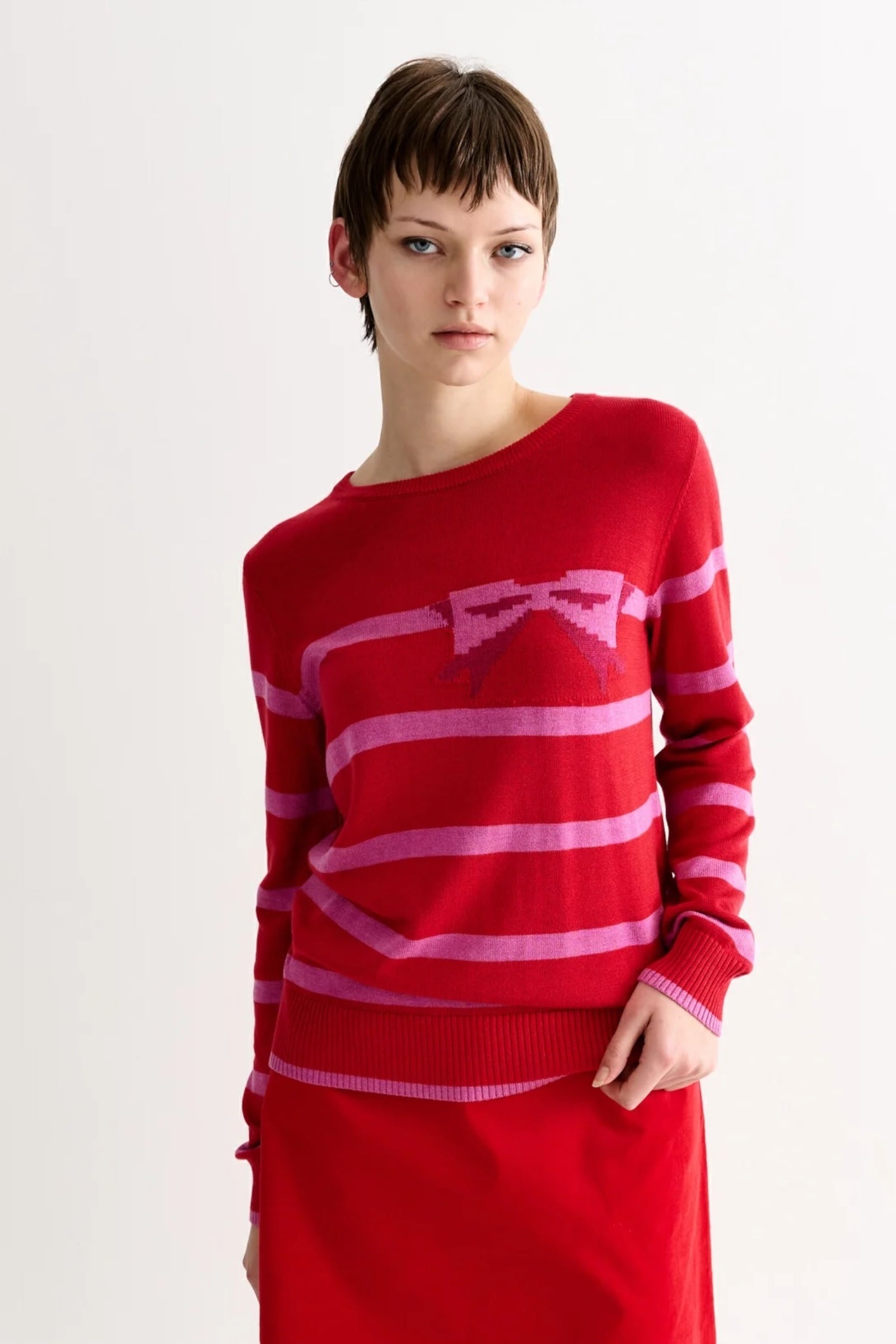 Bly Bow Intarsia Striped Jumper Red Bly Bow Intarsia Striped Jumper Red