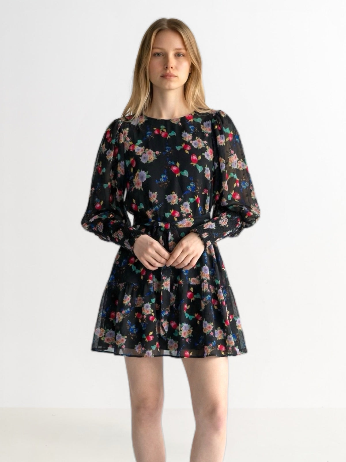 Louche Daphne Carpathian Florals Print Shirred Cuff Tie Waist Mini Dress – Black