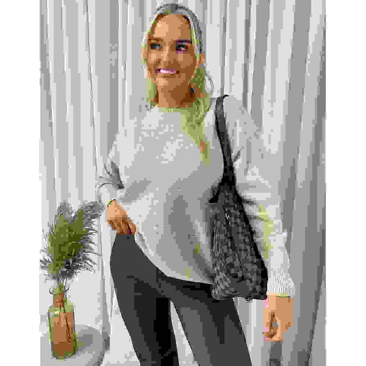 Diamante Stripe Knitted Jumper – Beige ML Diamante Stripe Knitted Jumper – Beige ML