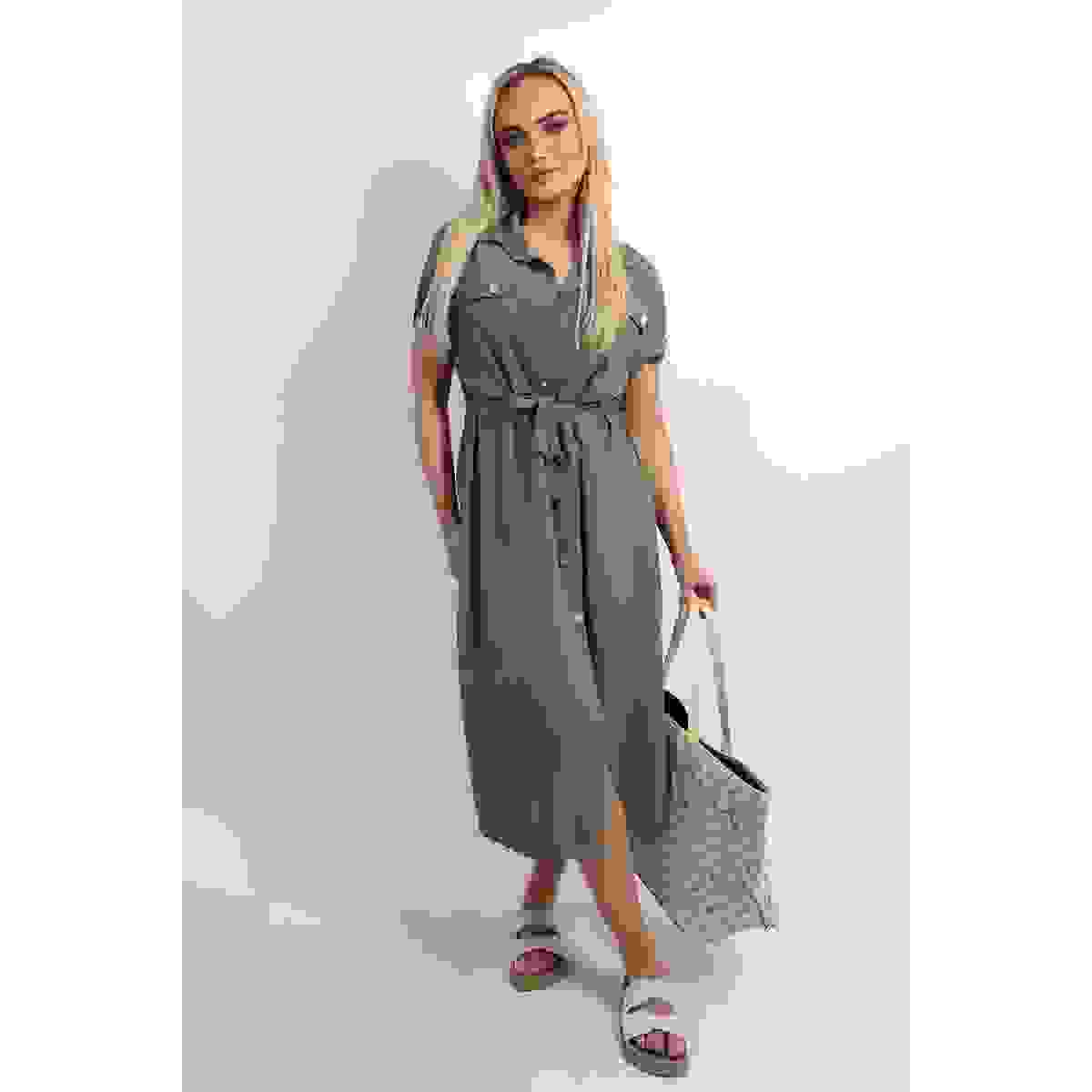 Collared Button Down Short Sleeve Tie Waist Midi Dress – Khaki ONE SIZE –