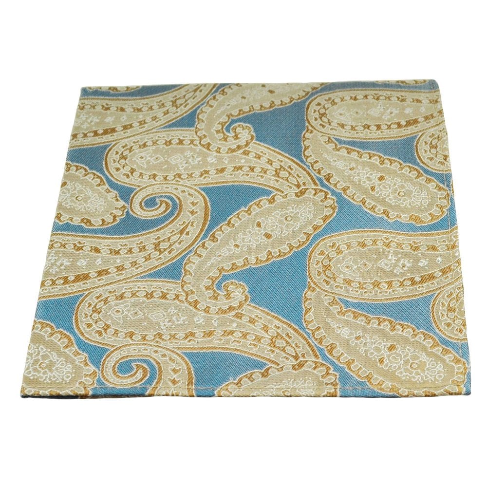Blue & Gold Beige Paisley Patterned Silk Pocket Square Handkerchief Blue & Gold Beige Paisley Patterned Silk Pocket Square Handkerchief