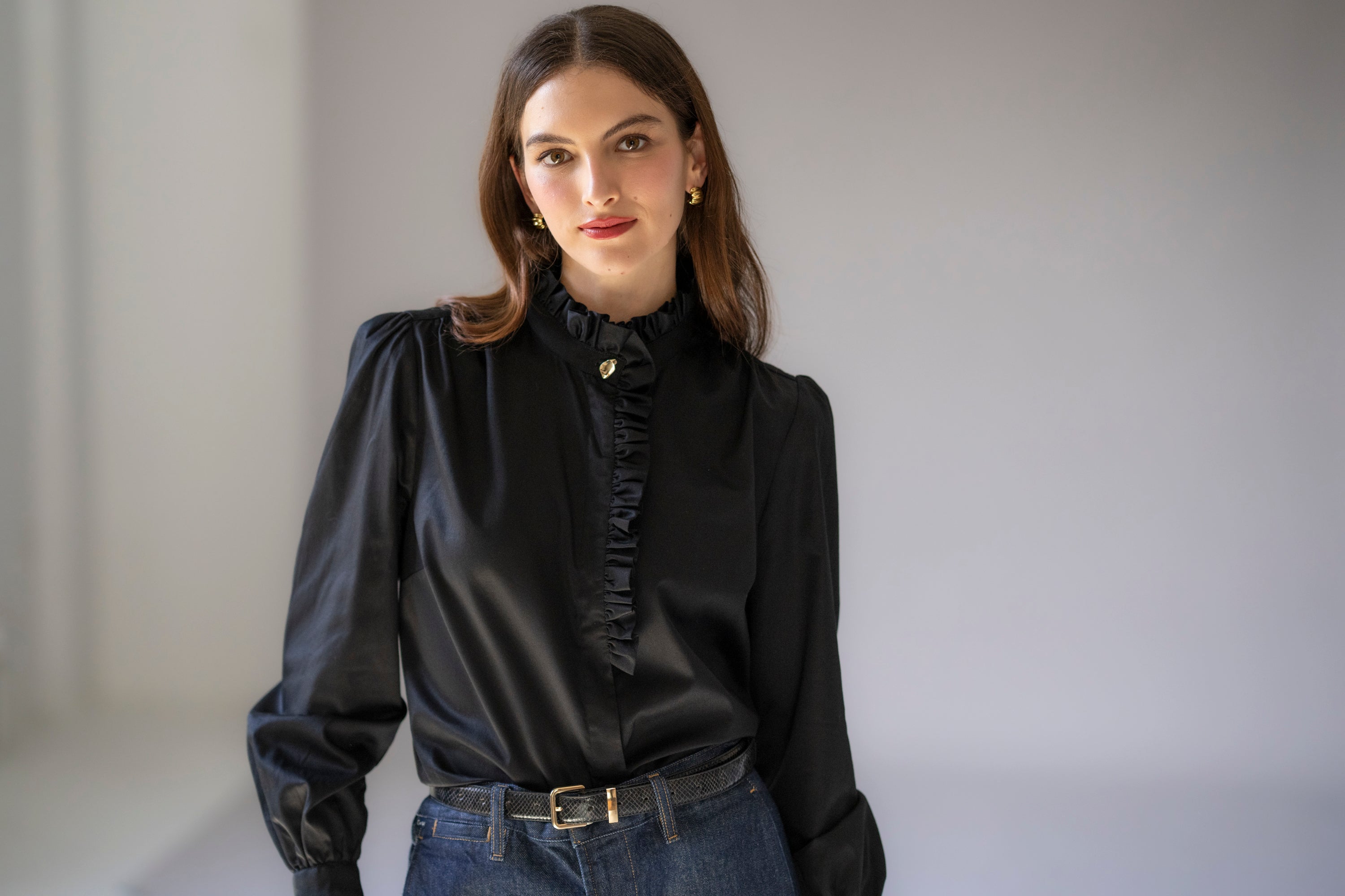 Kristen Relaxed Fit Frill Stand Collar Shirt With Grosgrain Trim In Black Cotton Sateen Kristen Relaxed Fit Frill Stand Collar Shirt With Grosgrain Trim In Black Cotton Sateen