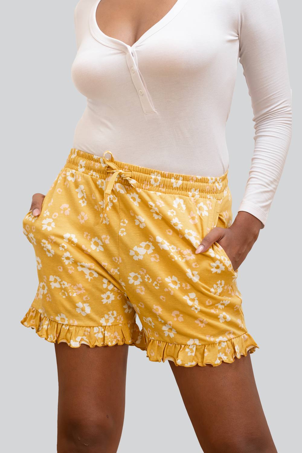 Enorsia Ruffle Hem Printed Jersey Shorts In Yellow Enorsia Ruffle Hem Printed Jersey Shorts In Yellow