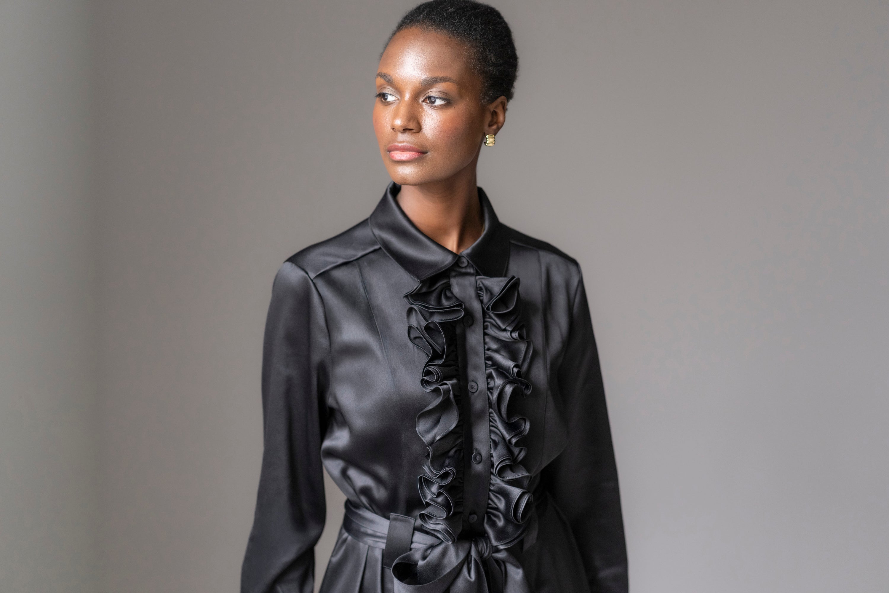 Maria Regular Fit Ruffle Front Midi Shirt Dress In Black Satin Crepe Maria Regular Fit Ruffle Front Midi Shirt Dress In Black Satin Crepe