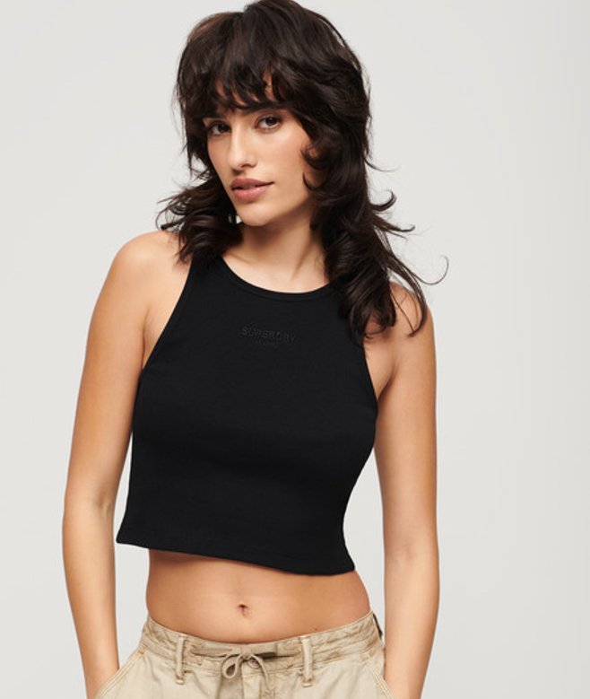 Superdry & Co Ladies Slim Fit Embroidered Rib Racer Vest, Black, Size: –