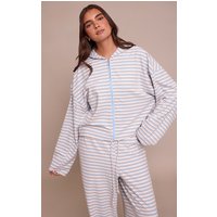 Light Blue Striped Soft Fleece Zip Up Hoodie