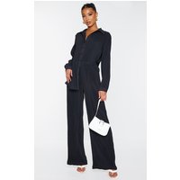 Black Plisse High Waisted Wide Leg Trousers